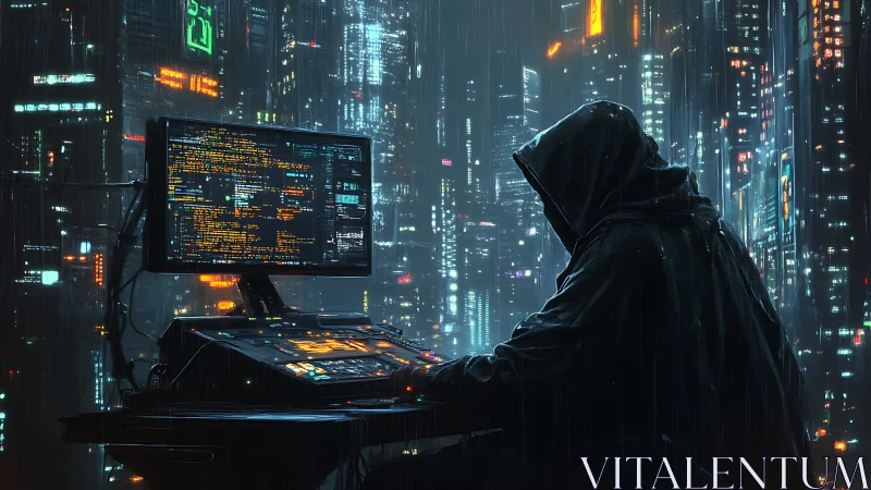 Rain-drenched cyberpunk hacker at neon city terminal.