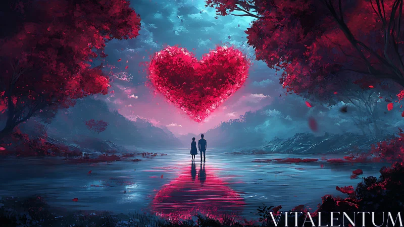 Lovers Beneath Heart-Shaped Tree in Neon Landscape.