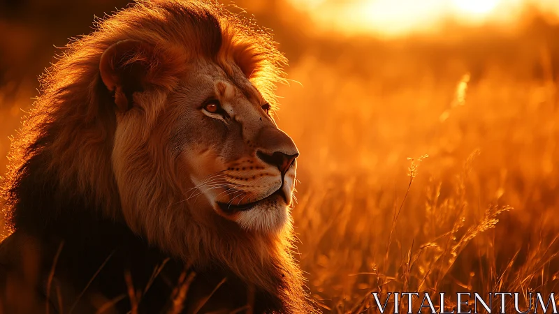 Photorealistic lion portrait in backlit savanna sunset field.