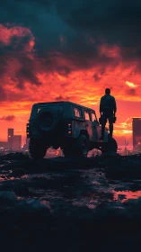 Sunset lookout with rugged jeep and lone urban explorer.