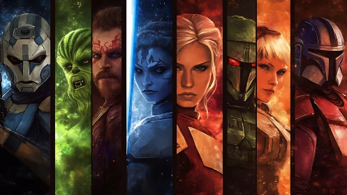 Bold sci fi heroes stand united in vivid cosmic portraits.