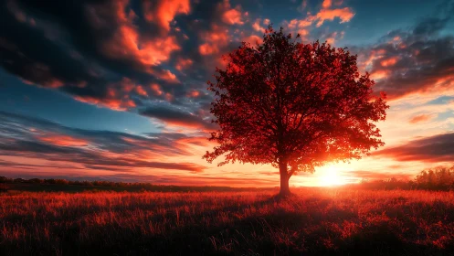 Solitary ember tree drinking the last wild sunset light.