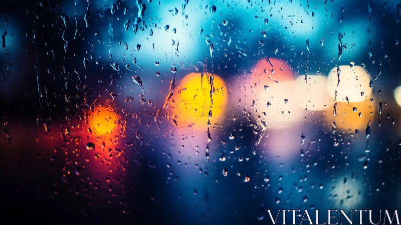 Rain-slicked window captures neon city lights in soft blur.