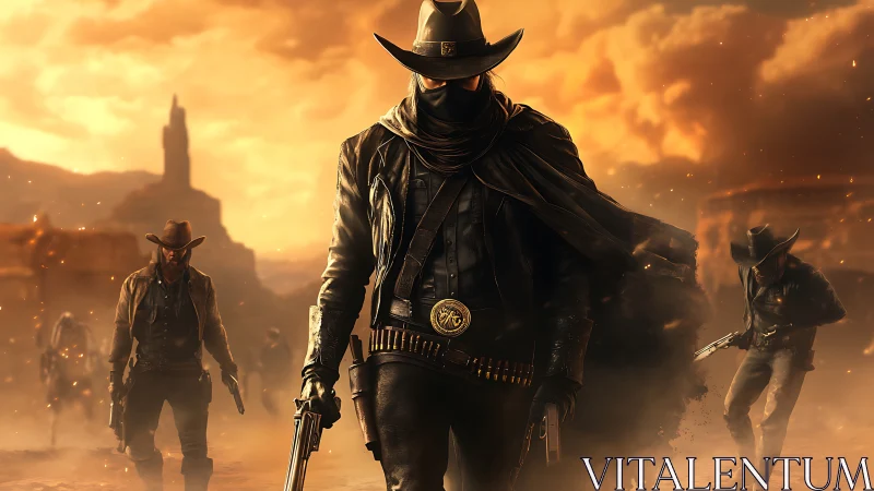 Masked gunslinger leading armed group in dusty western town.