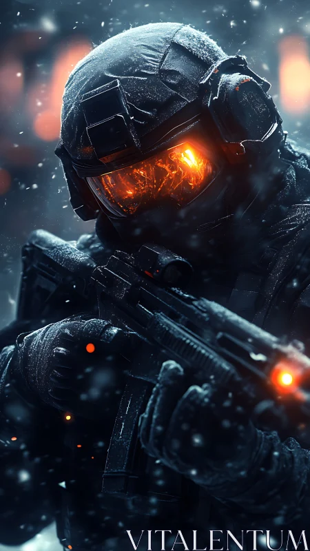 Armored winter soldier with rifle in glowing visor storm.