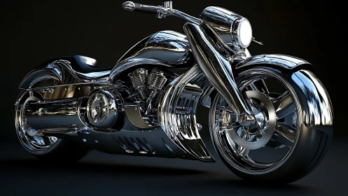 Futuristic chrome motorcycle rendered in high-gloss 3D form.