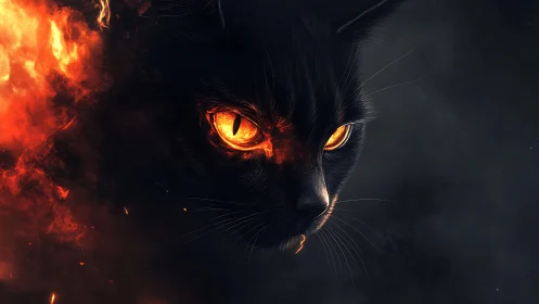 Inferno-eyed shadow cat prowling through embered night.