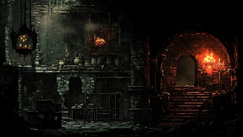 Gothic Subterranean Chamber with Luminous Artifact.