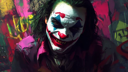 Brooding clown leans forward amid bold neon graffiti walls