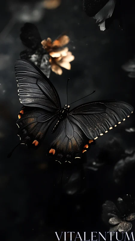 Black butterfly with orange markings against dark foliage.