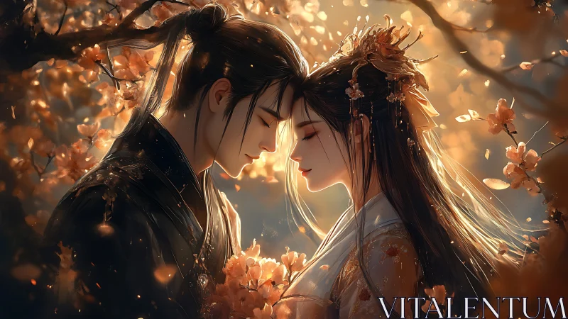 Two figures in ornate robes face each other amid golden flowering branches.