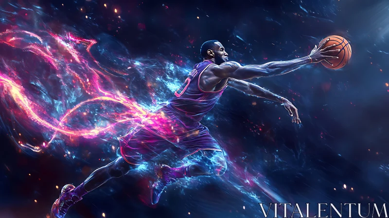 Neon-infused basketball dunk in cosmic motion trail rendering