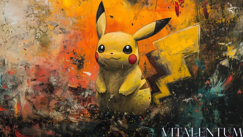 Pikachu character amid abstract textured orange field.