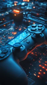Neon gamepad dreaming over a glowing circuit cityscape.