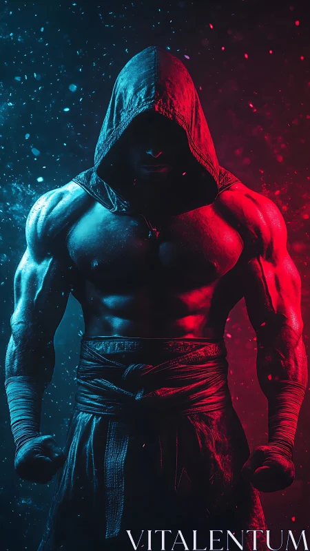 Hooded muscular fighter in dramatic red and blue light.