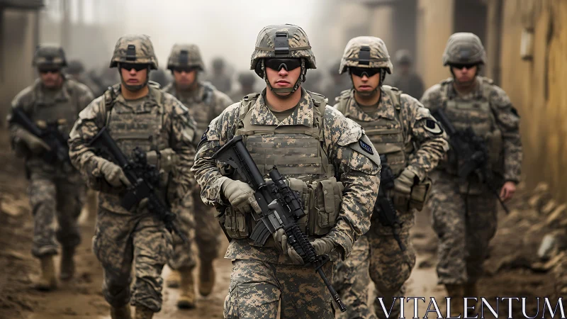 Combat soldiers advance through dusty urban warzone corridor.