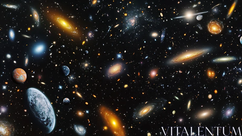 Expansive multiverse starfields with luminous spiral galaxies.