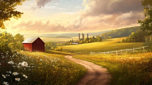 Golden hour country road winds toward a distant peaceful farm