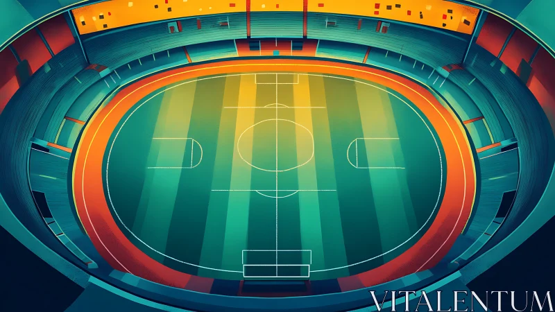 Color-blocked stylized stadium with central sports field.
