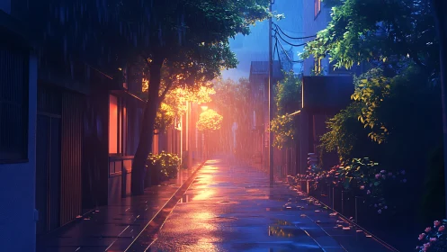 Rain soaked alley glows under warm sunset backlight