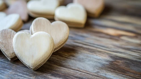 Wooden heart-shaped objects arranged on textured wooden surface.