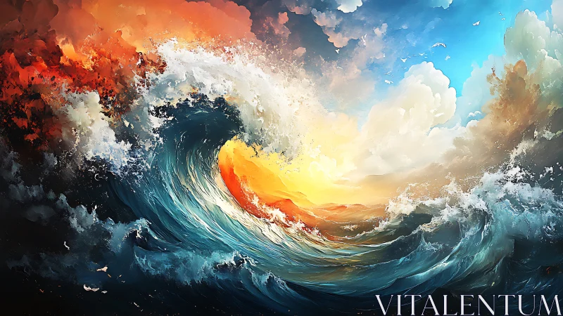 Ocean wave and sunset clouds in abstract seascape scene.