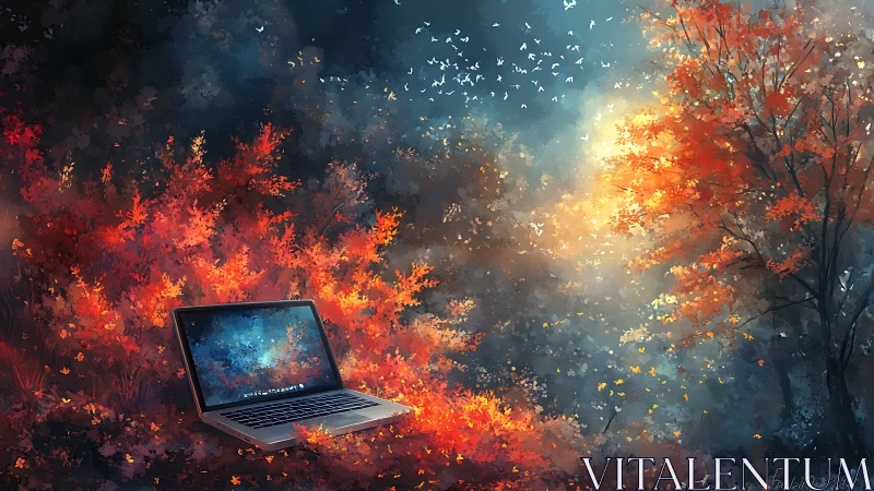 Laptop daydreams in a glowing autumn forest sanctuary.