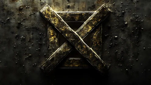 Rust-scarred golden X locking a shadowed metal portal.
