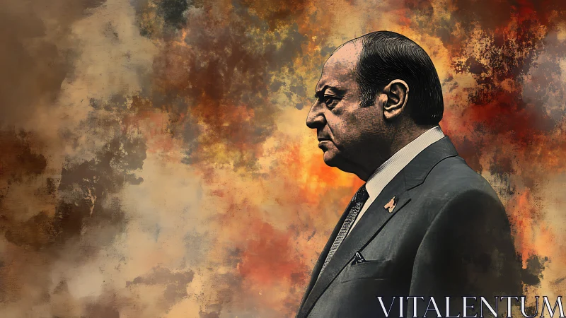 Stoic suited man silhouetted against stormy abstract fire