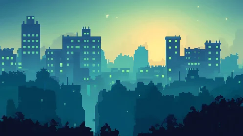 Pixelated high-rise skyline is rendered with backlit silhouettes