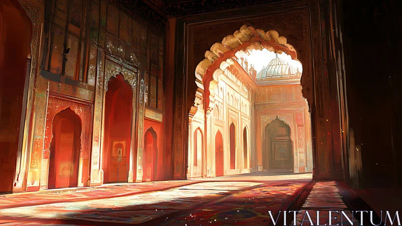 Golden morning light spills through a tranquil temple arcade
