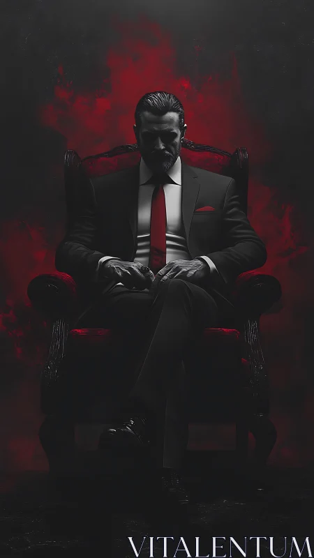 Man in dark suit sits on ornate chair against red smoke