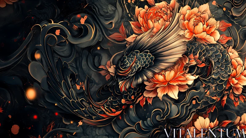 Phoenix koi entwined with blazing peonies in dark bloom.