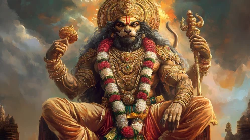 Lion-headed deity seated with ornate weapons and garlands