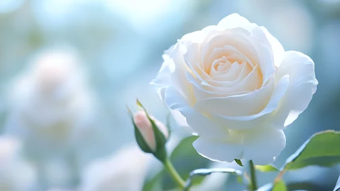 White rose bloom with soft focus background.