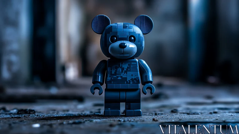 Digital camo toy bear standing in moody urban ruin.