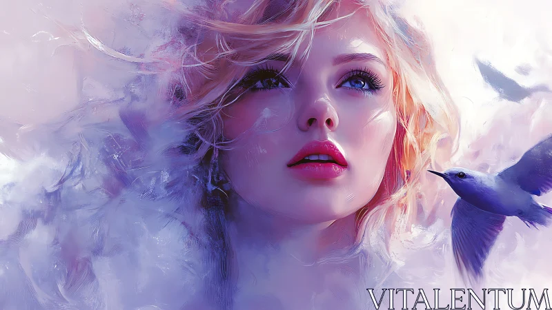Ethereal blonde portrait with violet light and soaring bird.