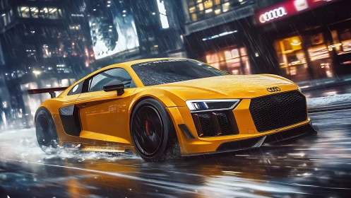 Yellow sports coupe on wet city street at night in rain.