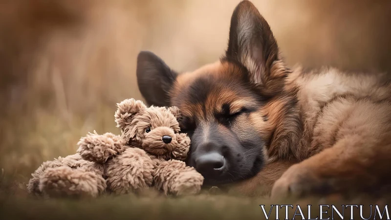 German Shepherd puppy sleeping with soft teddy bear toy