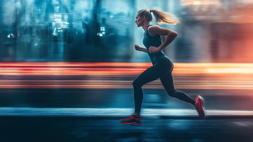 Night city runner chasing her rhythm of urban light.