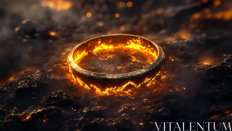 Luminous Golden Ring on Volcanic Rock with Radiating Fire and Light Effects