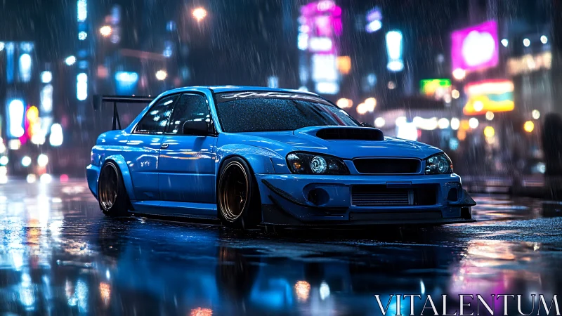 Modified blue street racer glows on a rainy neon city night
