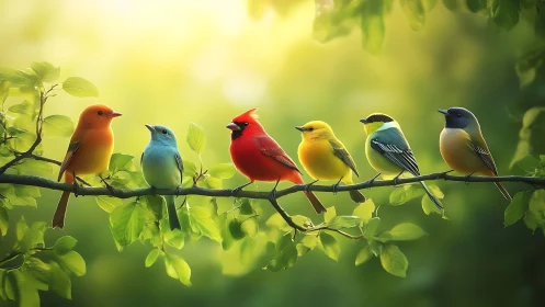 Colorful songbirds on a branch in soft morning light, nature art.