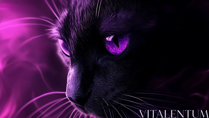 Mystical Black Cat with Glowing Purple Eyes Emerges from Darkness