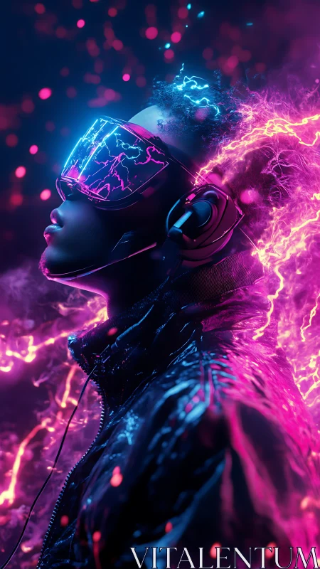 Neon-clad VR dreamer immersed in electrified cyber aura.
