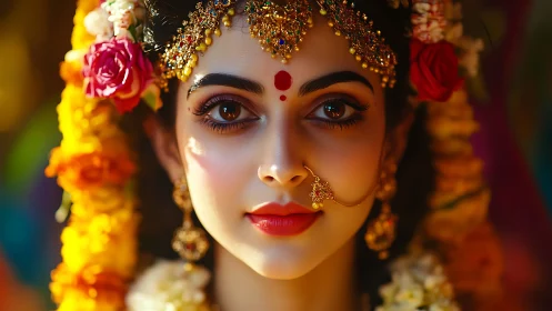 Radiant woman in floral garlands and golden festival jewelry.