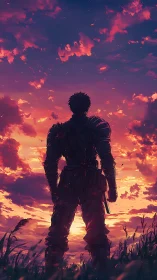 Twilight-armored wanderer weighs tomorrow beneath burning clouds