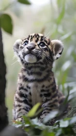 Clouded leopard cub gazes upward amid soft green foliage.