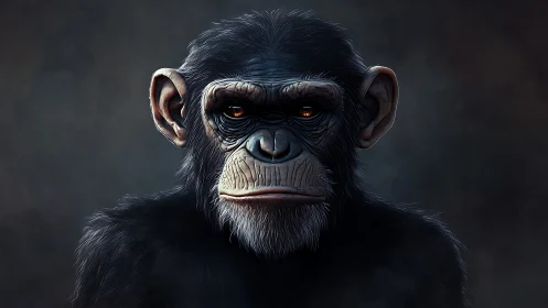 Close frontal render of chimpanzee head on dark gradient background.