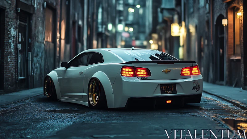 Lowered white Chevrolet muscle car idles in wet cyber-noir alley